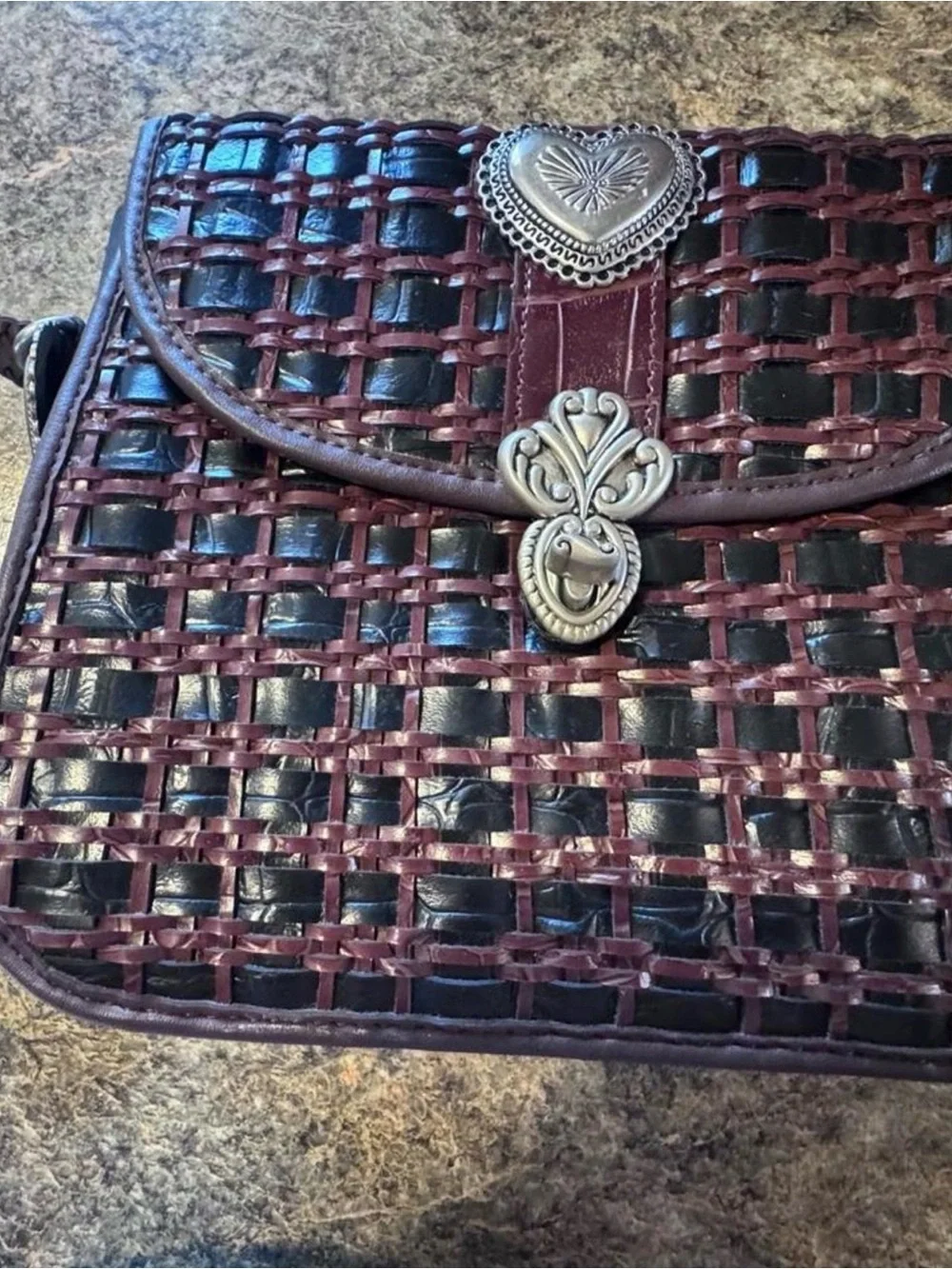 Woven Heart Accent Crossbody Bag in Deep Black